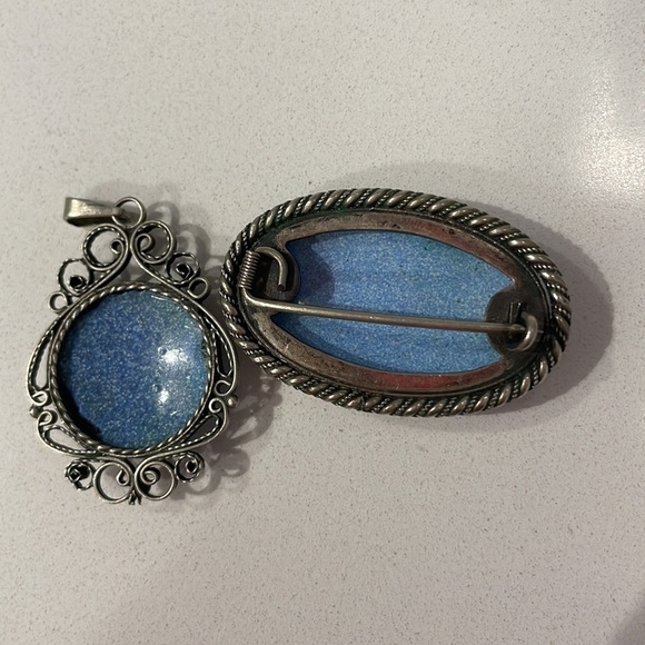 Vintage Russian Porcelain Hand Painted Flower Silver Filigree-Pendant & Brooch - Picture 2 of 8